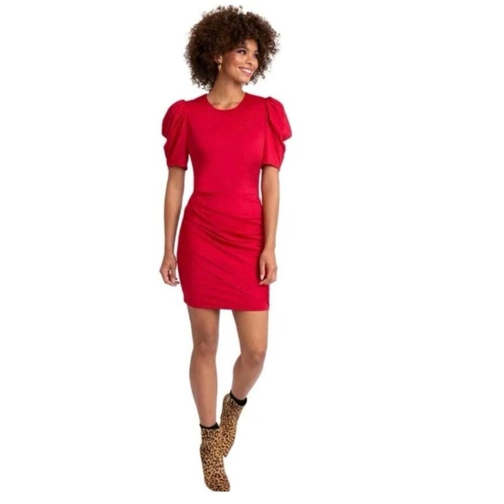 Black Halo‎ Mini Dress Alexa Red Sz 4 Ruched Puff Sleeve Bodycon Cocktail Party